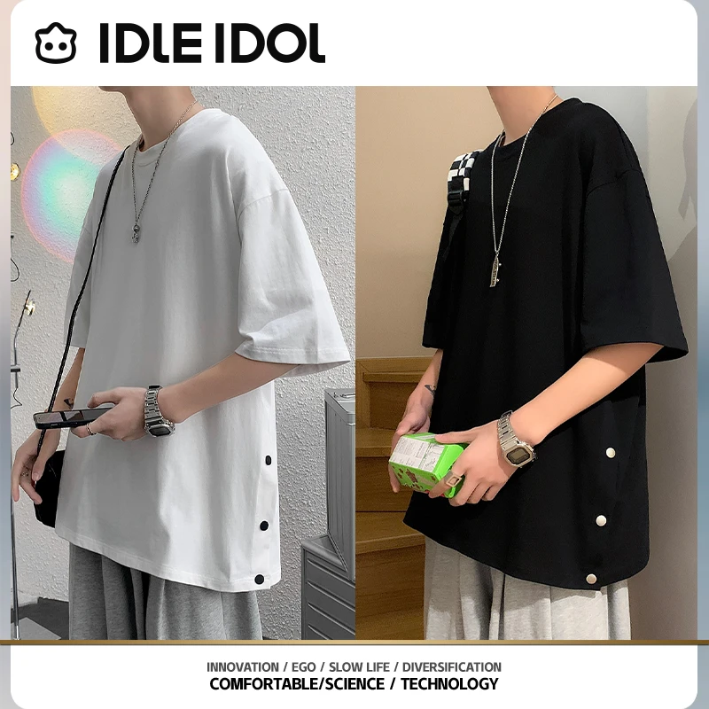 IDLE IDOL简约宽松男士短袖排扣T恤春季百搭休闲圆领潮流上衣