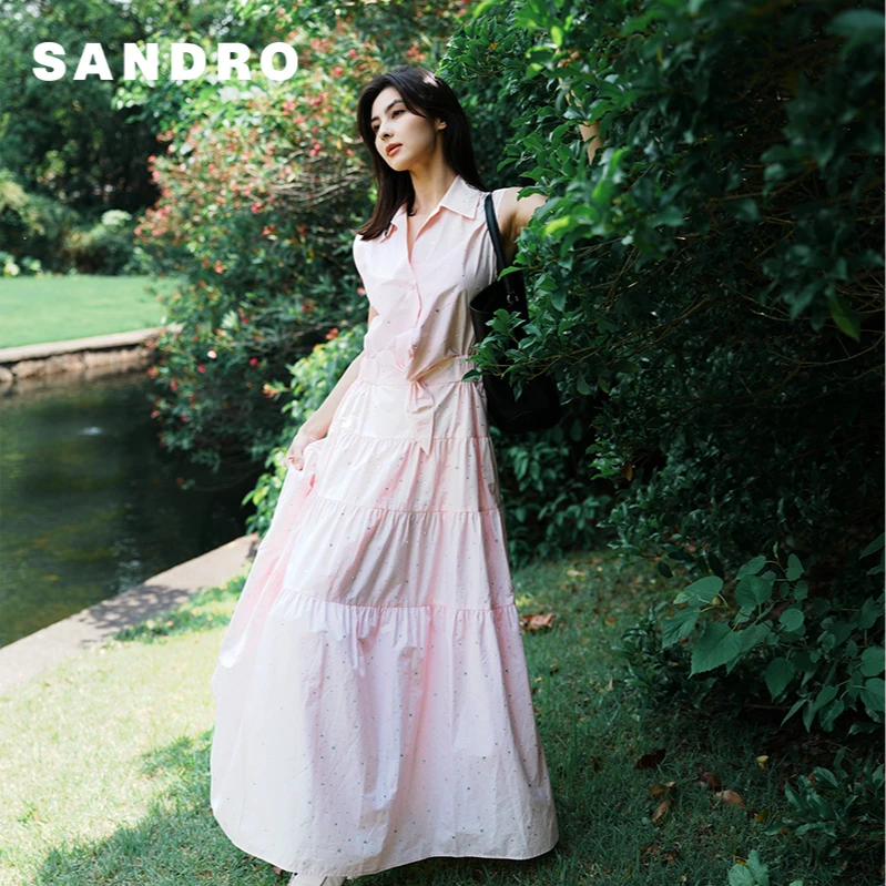 博主同款SANDRO2025秋冬新款女假两件仿钻饰衬衫连衣裙SFPRO03750