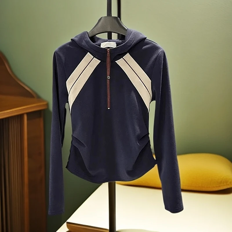 连帽插肩袖拼色短款上衣2025秋季新款胖MM大码时尚显瘦百搭卫衣女