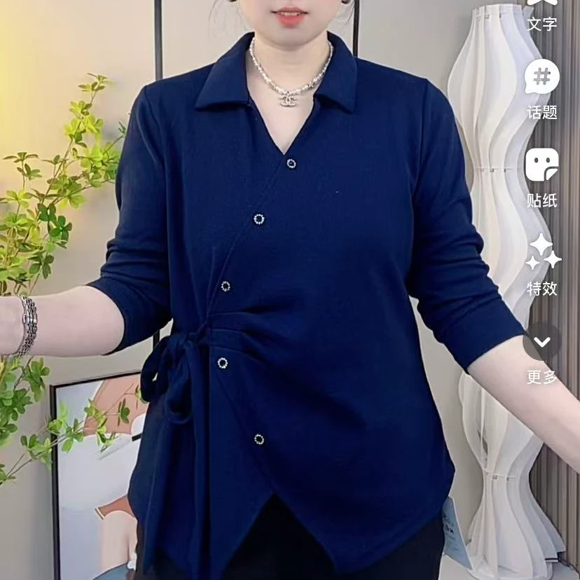 秋冬新款时尚休闲百搭糯米绒翻领长袖打底衫显瘦遮肉气质宽松上衣