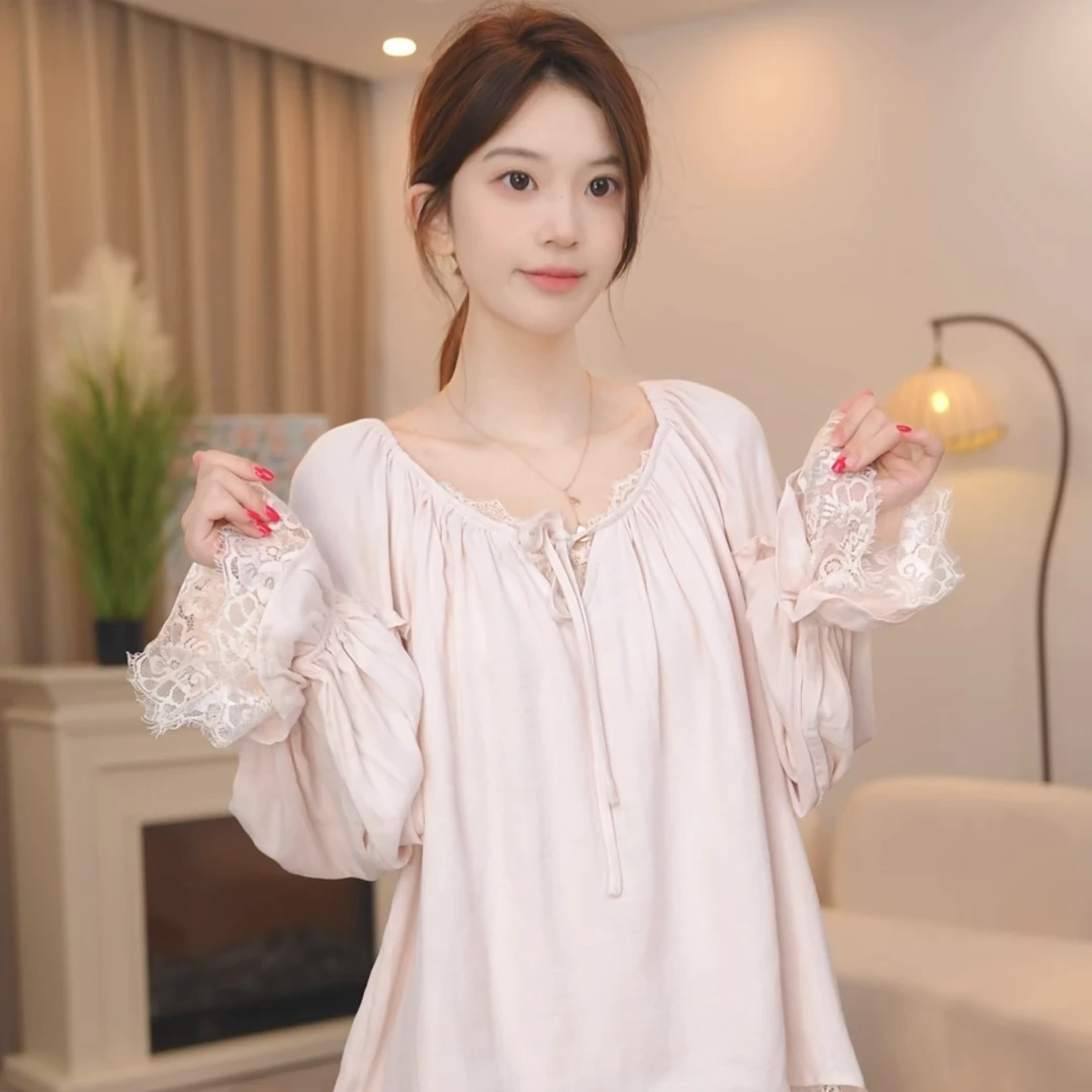 板栗小姐【欣融】春秋袖甜美风全棉双层纱睡衣家居服套装可外穿