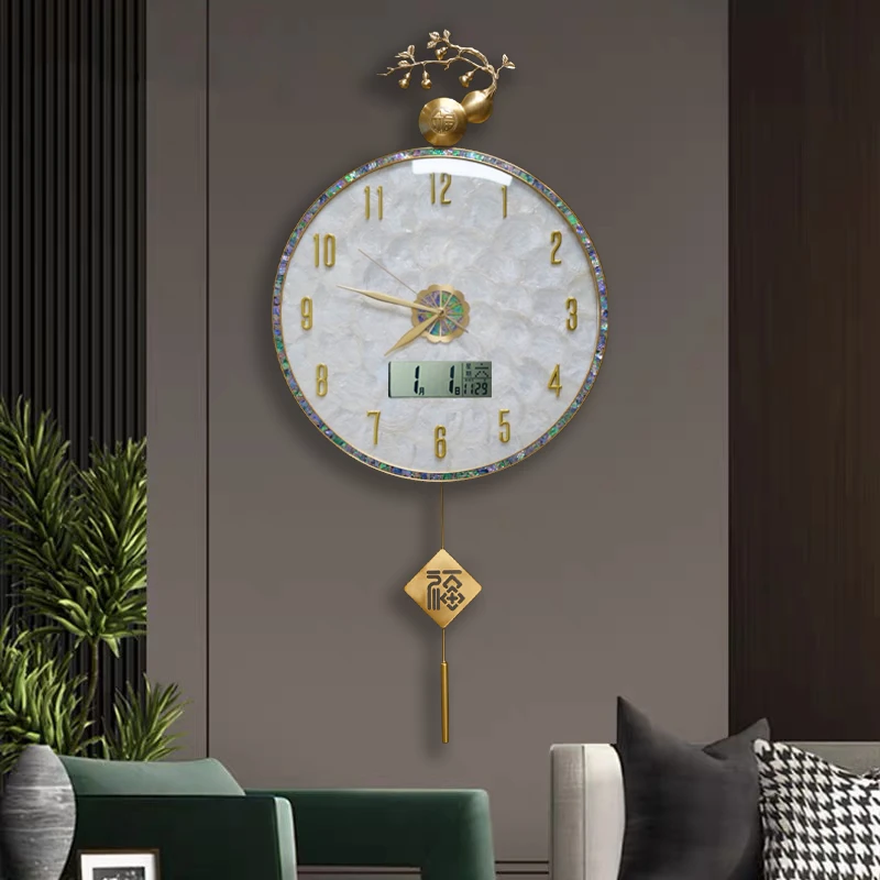 五福临门【正版5个葫芦】贝壳轻奢黄铜钟表挂钟装饰静音挂墙时钟新