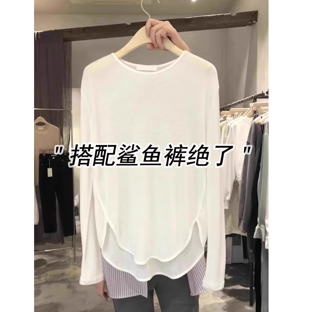薄款白色长袖防晒t恤女夏季中长款瑜伽罩衫薄纱鲨鱼裤搭配的上衣
