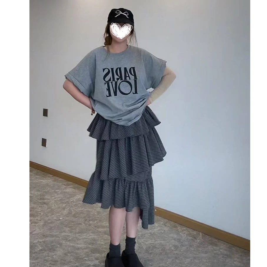 2015【巴黎迷妹】卷袖印花短袖T恤英伦不规则格纹蛋糕半身裙套装