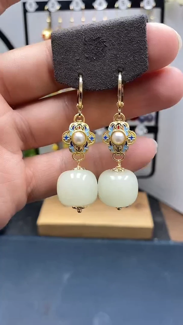 银S925镀金镶嵌和田玉耳饰尺寸16mm桶珠耳扣A2