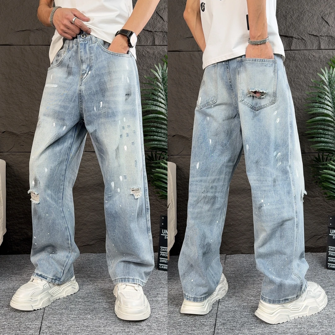 潮牌破洞牛仔裤男款2025春季痞帅炸街直筒阔腿裤青年百搭哈伦长裤