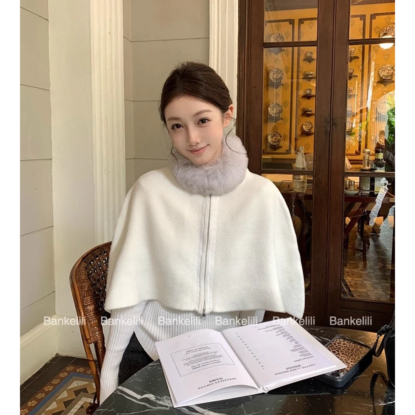 法式2025可拆卸设计毛毛领宽松显瘦斗篷+秋冬打底毛衣长袖套装女