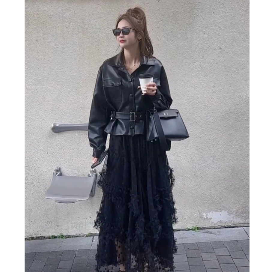 欧货2025春季新款收腰系带显瘦皮衣女气质百搭小个子皮夹克上衣潮