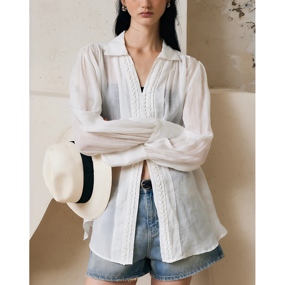 法式轻透质感苎麻交织花边排扣长袖衬衫小众白色衬衣女高级感设计