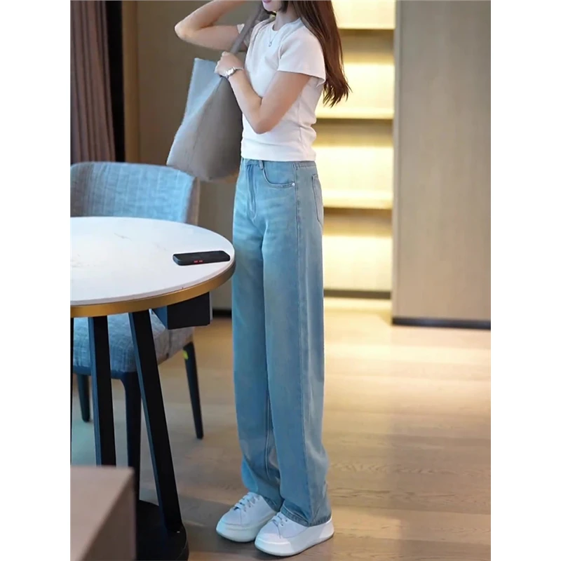 浅蓝色天丝牛仔裤女夏天薄款2025新款秋季高棉高腰直筒窄版阔腿裤