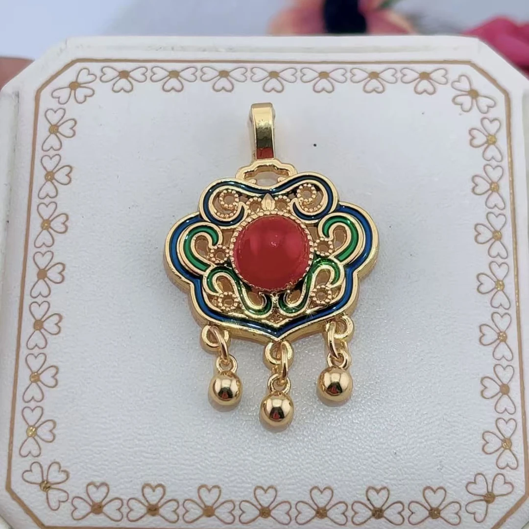 【喜喜专属】 宫廷花丝红玉髓镶嵌合金如意铃铛锁项链吊坠赠合金链