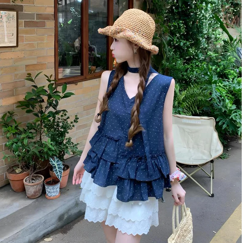 Siolet夏季波点无袖背心衬衣不规则荷叶边宽松上衣飘带气质上衣