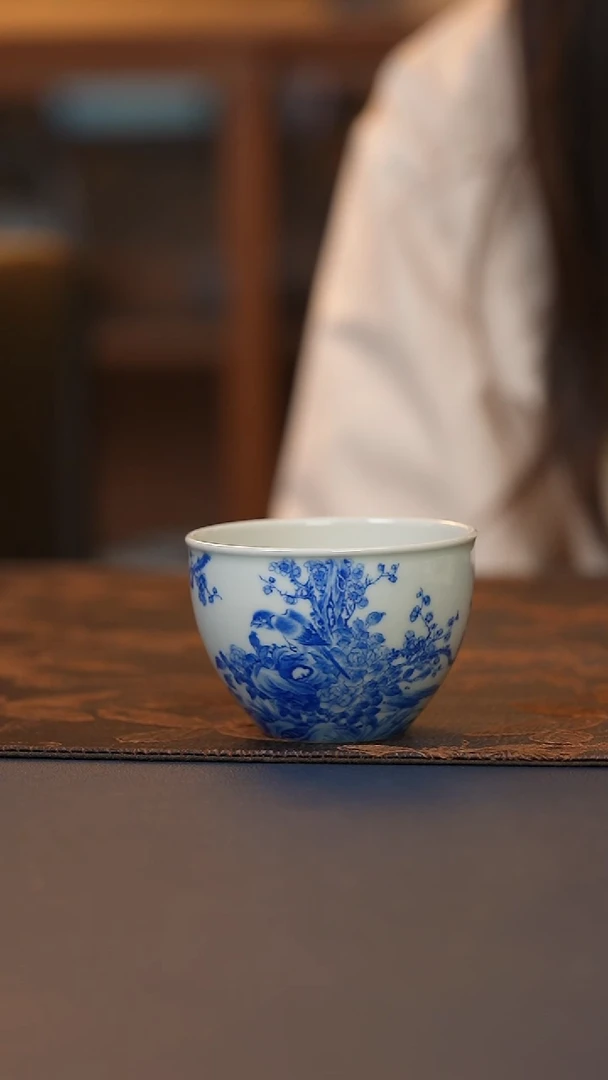 瓷语青花花鸟缸杯