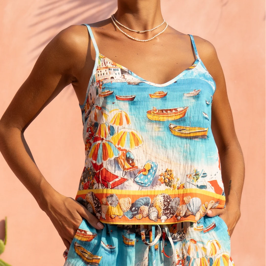 Seaside海浪纹V领吊带