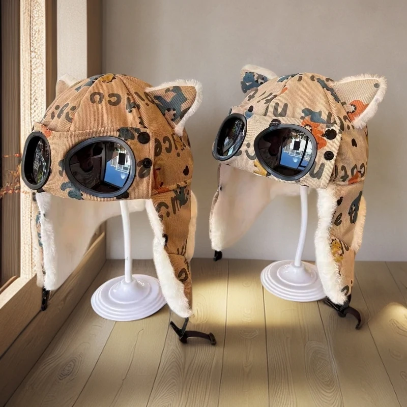 儿童加绒飞行员帽冬季保暖防风护耳帽男女童抗寒骑行帽墨镜雷锋帽