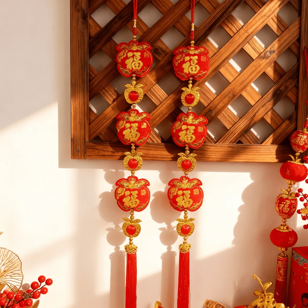 苹果挂丝光配件串福字连串小灯笼装饰品春节过年客厅布置挂饰