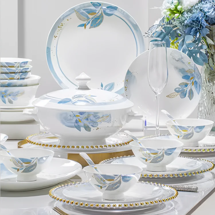 景德镇陶瓷餐具蓝韵金语高温瓷轻奢家用高档乔迁送礼高级碗盘一套