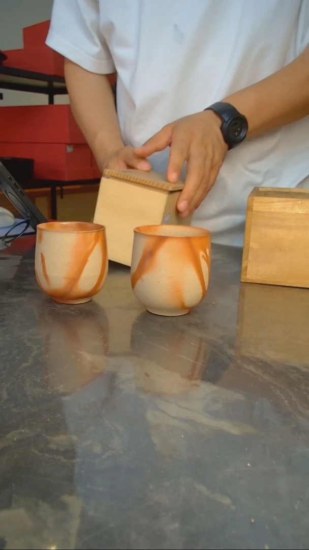 高*日本备前烧宗秀作夫妻对杯