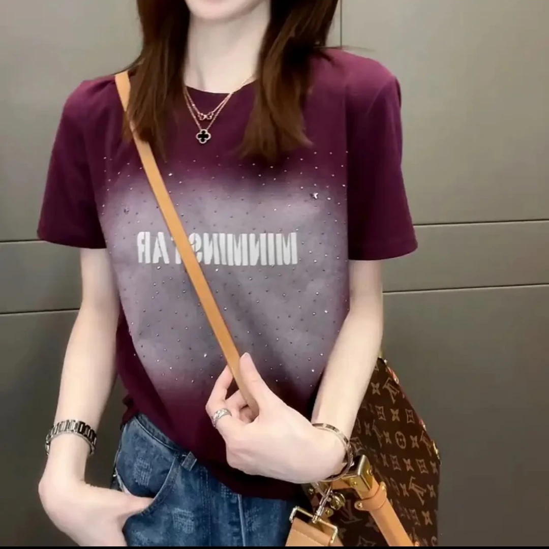 显瘦烫钻正肩短袖T恤休闲2025百搭夏季新款时尚小众紫色上衣女