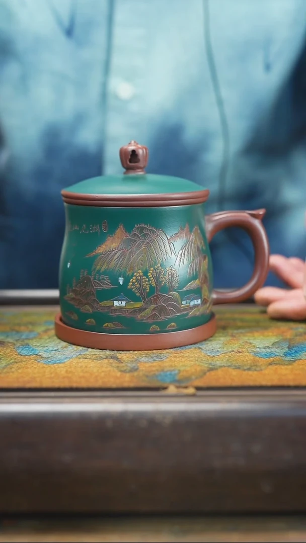 【闪购商品】紫砂茶杯2.21 粉浆 山水 四件套