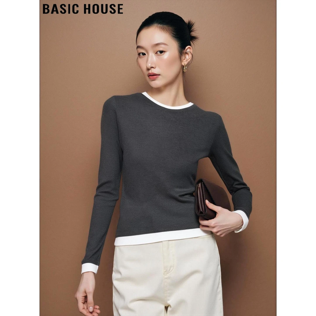 Basic House/百家好高级感假两件长袖上衣灰色长袖T恤女2025秋季