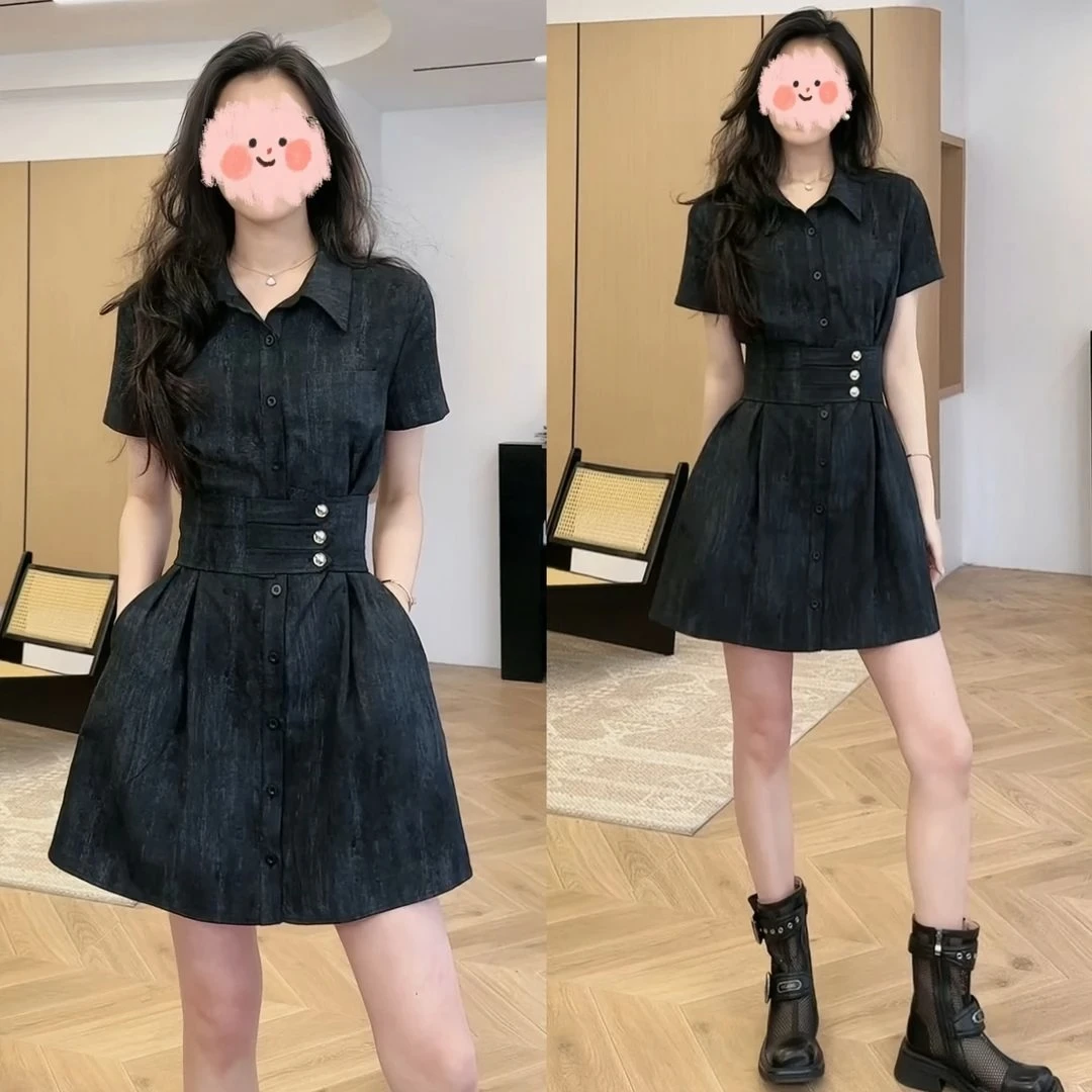 千金清冷感贵系衣服2025夏季新款翻领收腰气质连衣裙通勤小众女装