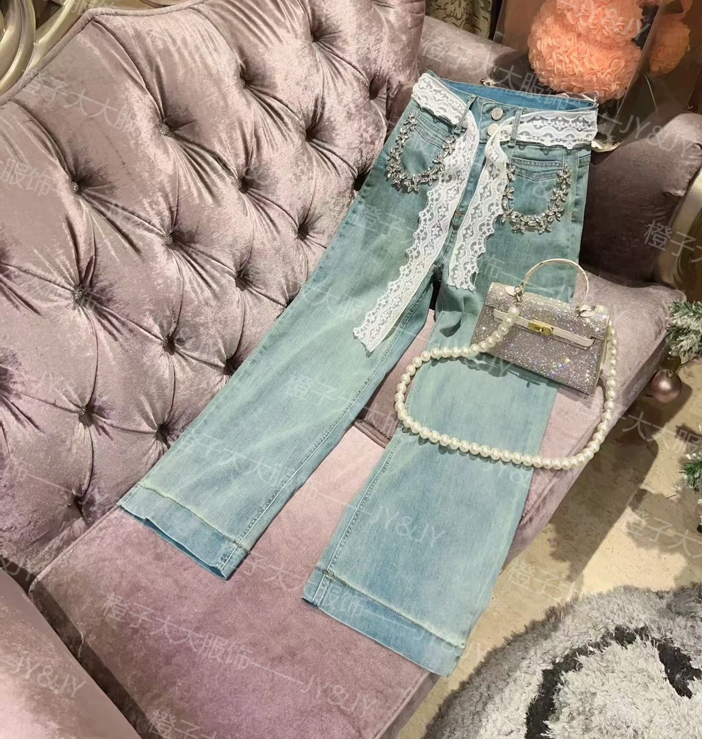JY&JY橙子大大【都市主角】重工钉珠双扣蕾丝腰带牛仔裤 16114