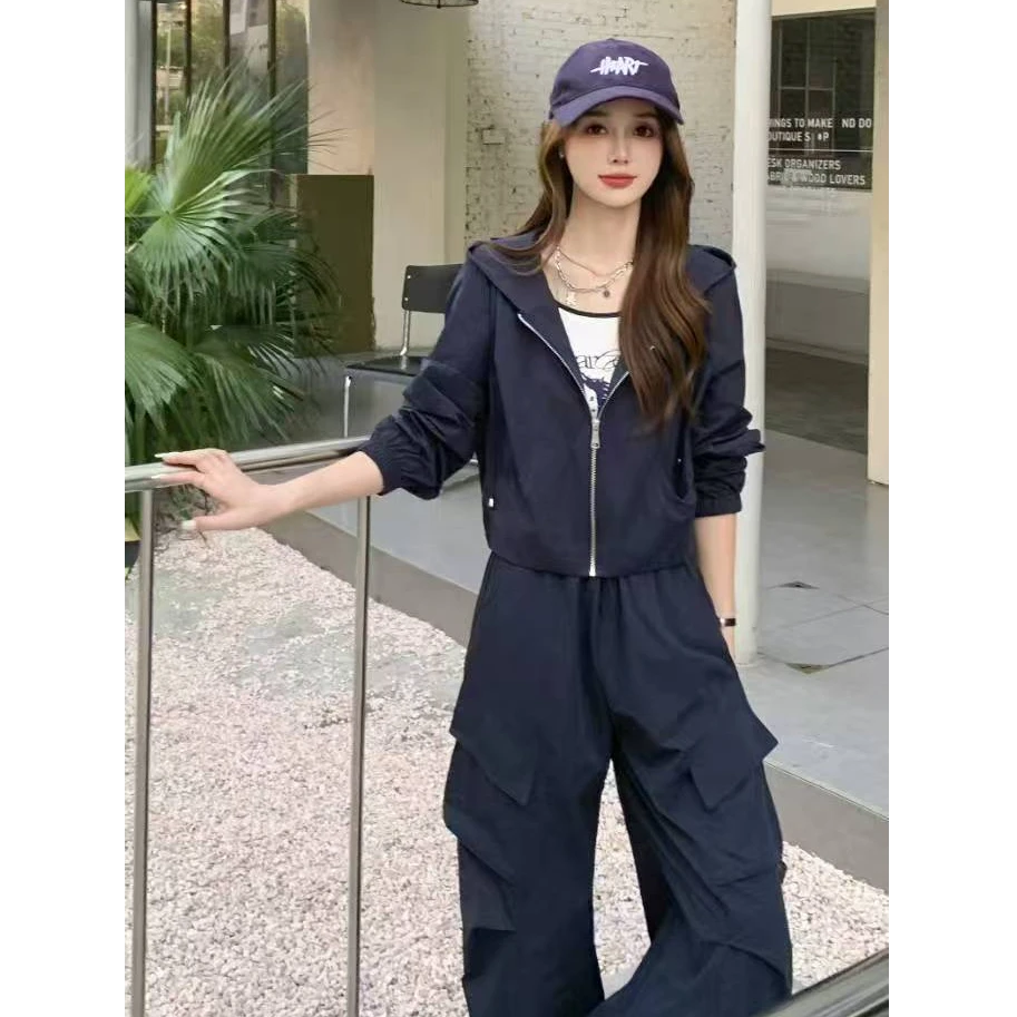 2025秋季新款连帽外套女宽松百搭长袖上衣工装阔腿裤休闲三件套装