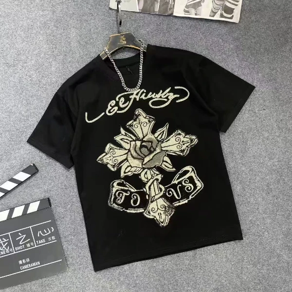 t恤男士上衣休闲夏季半袖潮流印花轻奢百搭烫钻修身个性十字架