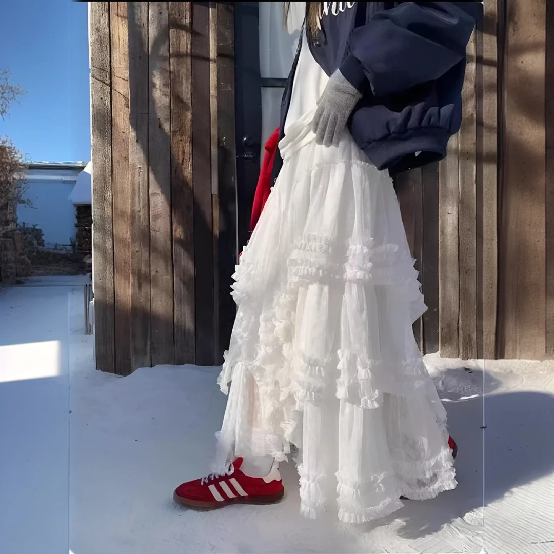 东大门韩系不规则重工多层蕾丝加绒半身裙