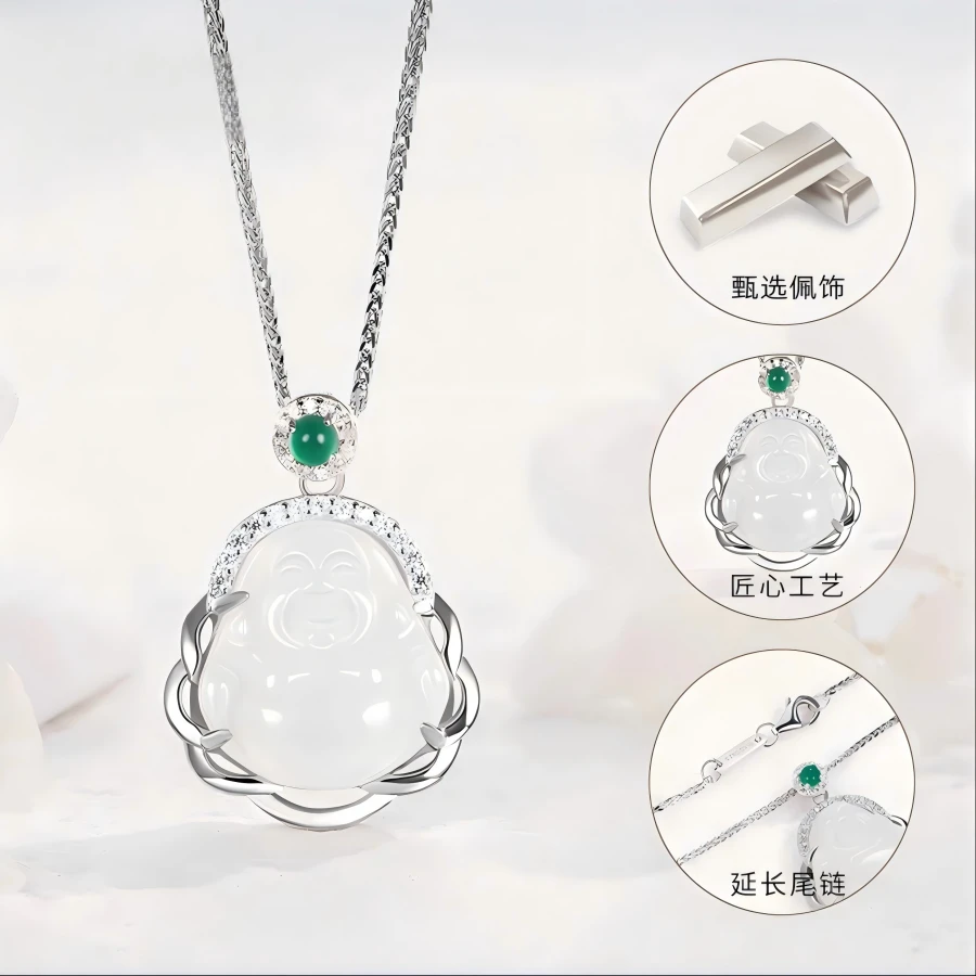 链子925银 赠大佛公飘花弥勒佛项链毛衣链时尚佛头可调节项链