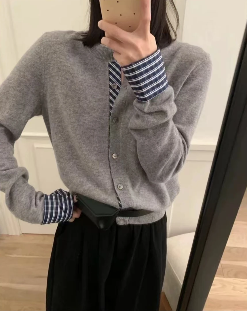 【CC定制】春季新款假两件圆领撞色拼接设计羊毛针织衫
