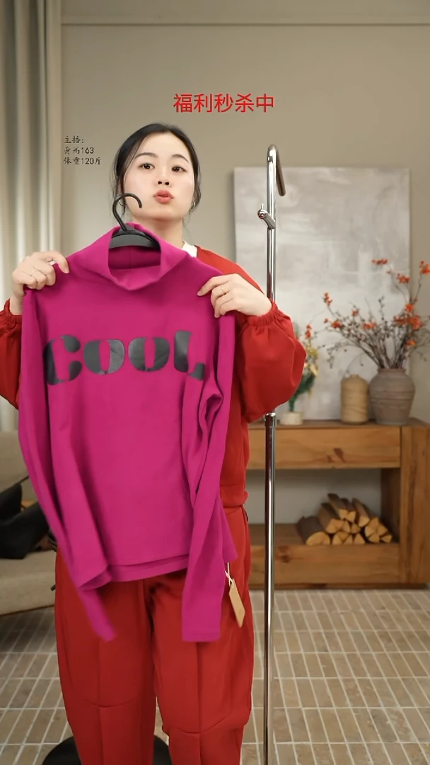 玫红字母高领德绒卫衣 5885