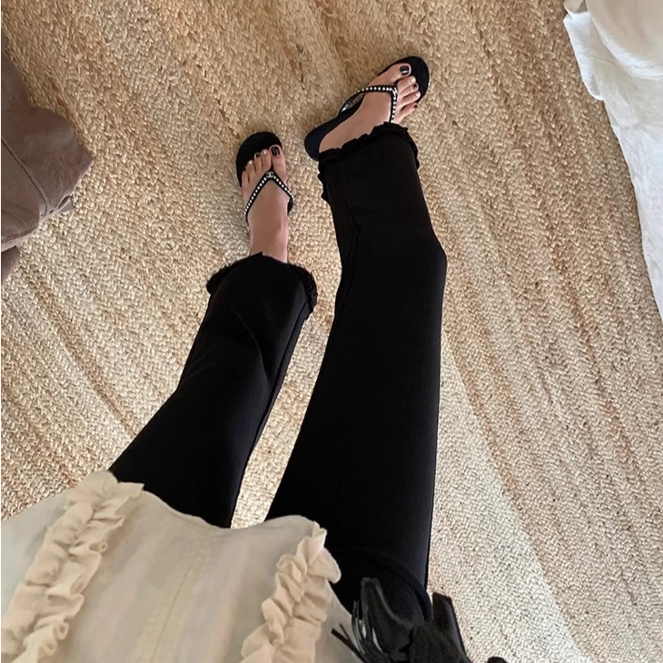 高端货~优化腿型 高弹九分裤微喇裤女春夏秋黑色显瘦休闲裤长裤子