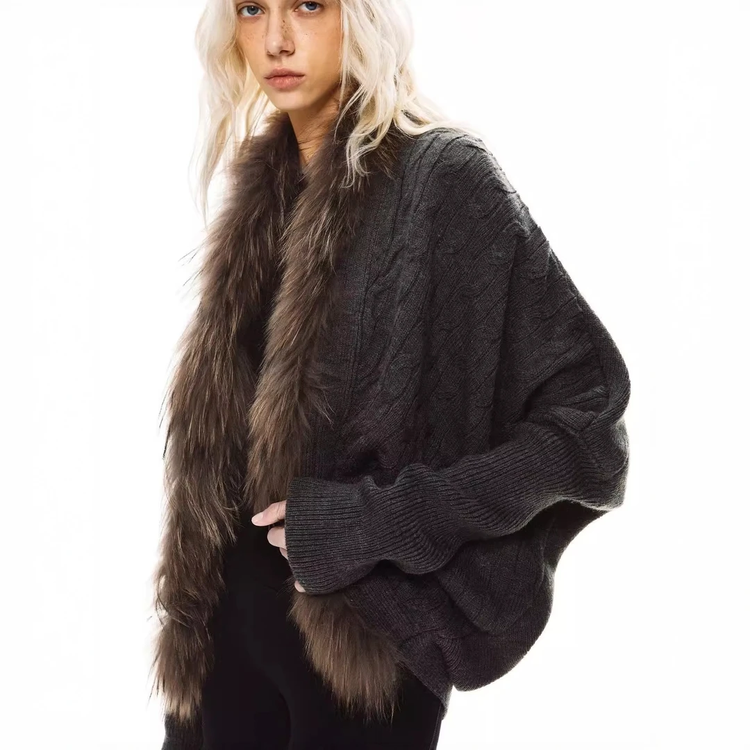 复古高级感蝙蝠袖宽松毛领外套女2025秋冬新款韩系慵懒风针织毛衣