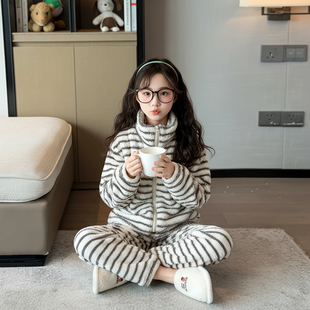 女童条纹睡衣秋冬款2025新款儿童初冬季加厚家居服套装初中生女孩