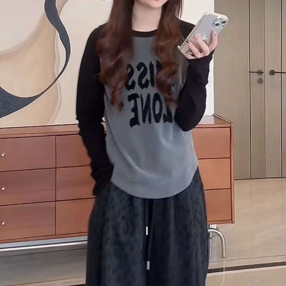 美式复古小个子撞色插肩袖字母印花T恤秋冬宽松洋气长袖打底上衣