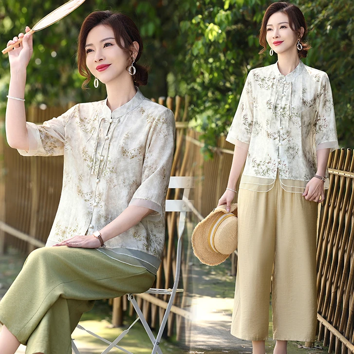 母亲节衣服妈妈夏装套装上衣短袖中老年女装时尚新中式洋气两件套