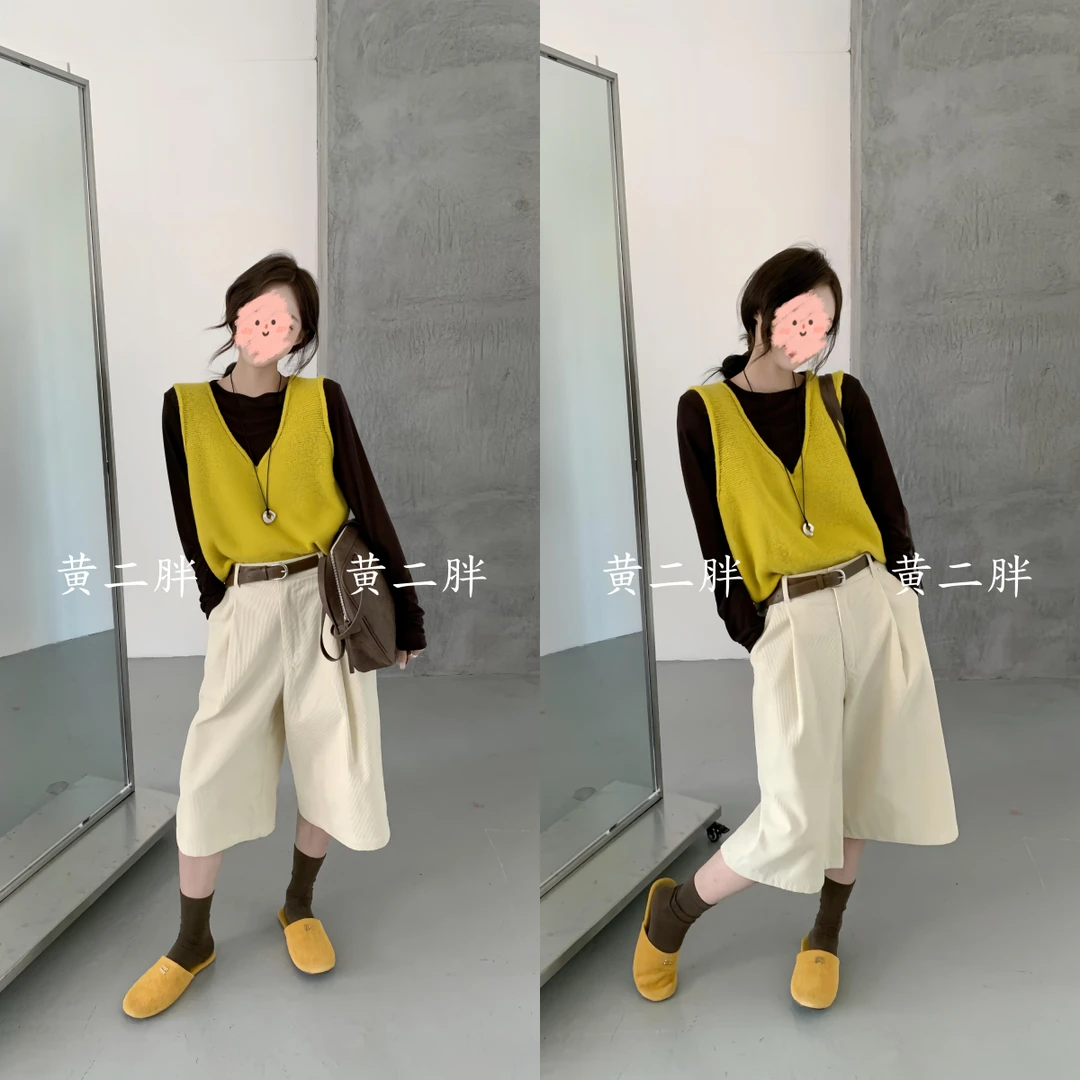 韩系慵懒松弛感穿搭独特时尚洋气黄色针织马甲背心打底衫裤子套装