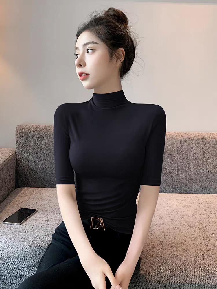 2025时尚休闲版型半高领五分袖百搭显瘦气质打底T恤38