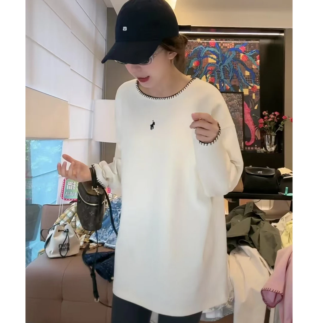 徐靖靖【松弛出街】2502262简约小马刺绣宽松百搭大版休闲长袖T恤