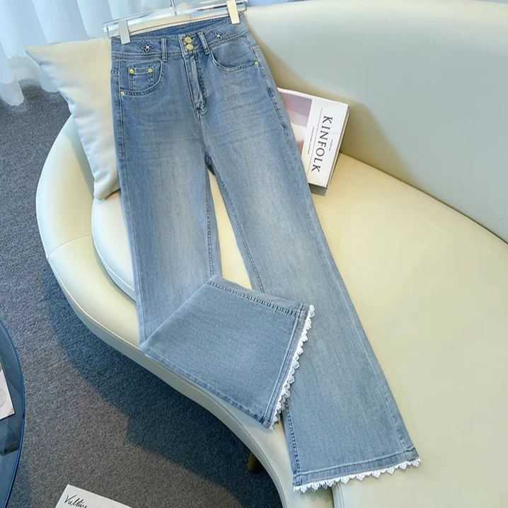 2025新款中高弹微喇裤高腰牛仔裤阔腿显瘦女装喇叭仙气飘飘花边