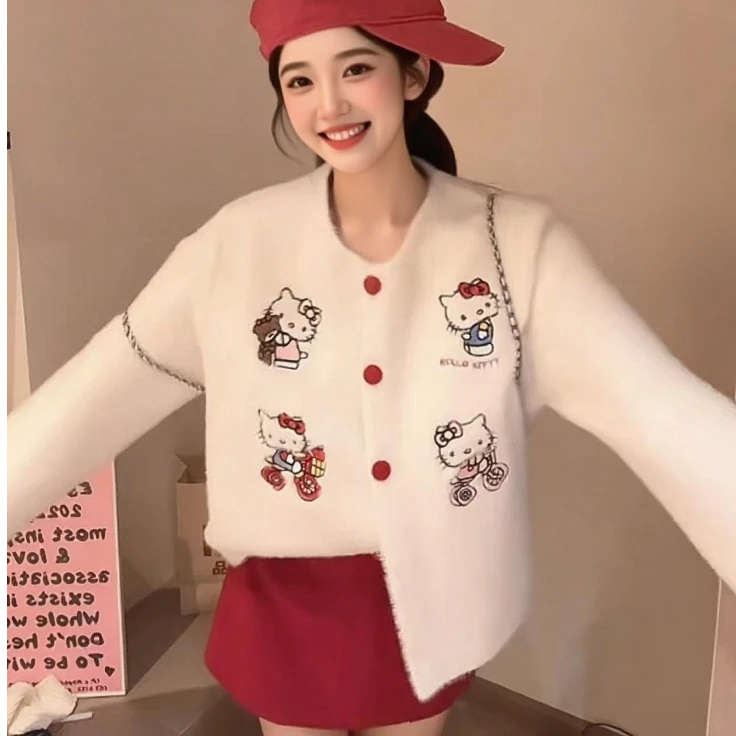 韩系甜美穿搭卡通Kitty猫针织开衫女2025秋新款慵懒软糯针织上衣