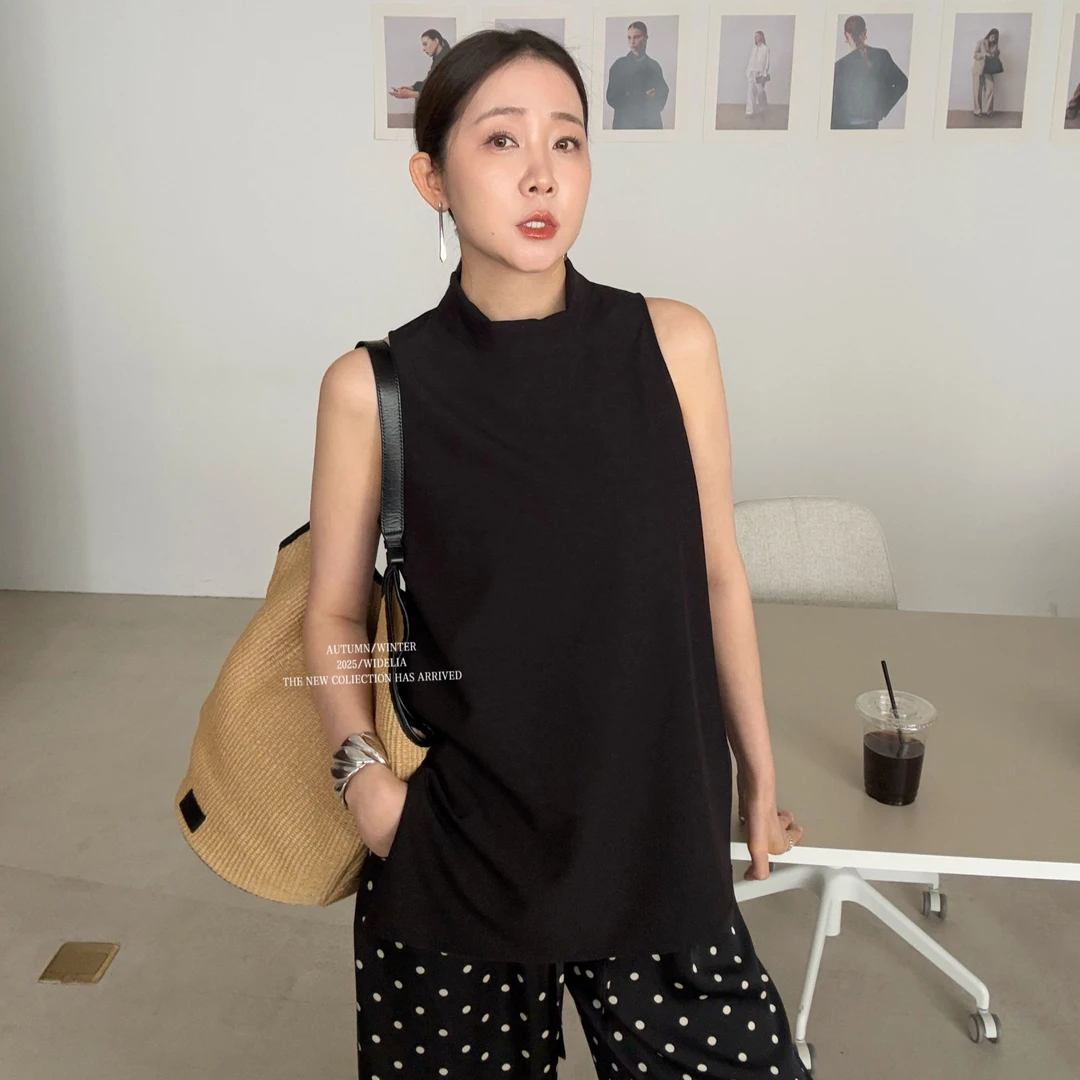 widelia陈姬儿夏季新款气质优雅黑色无袖上衣女百搭外穿背心7186