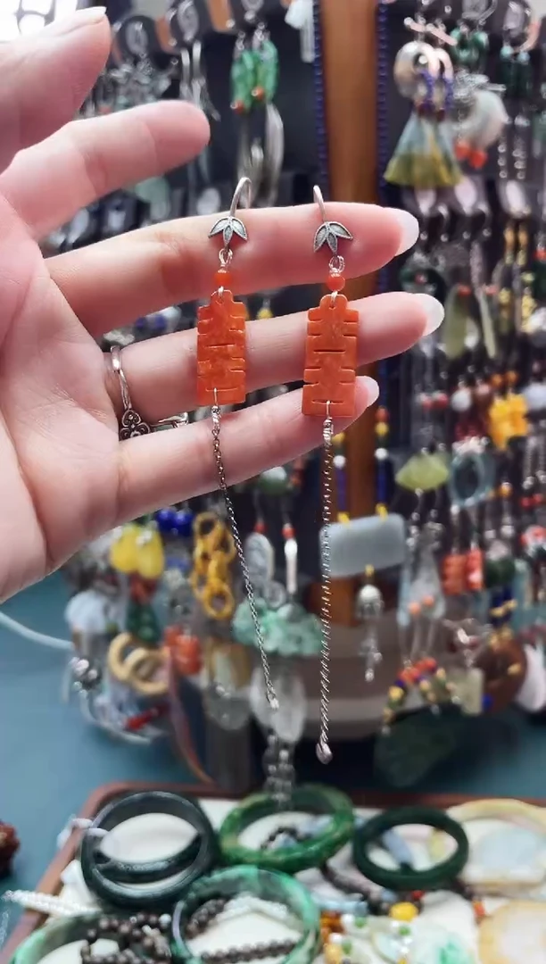 银S925镶嵌翡翠耳饰红*饰品