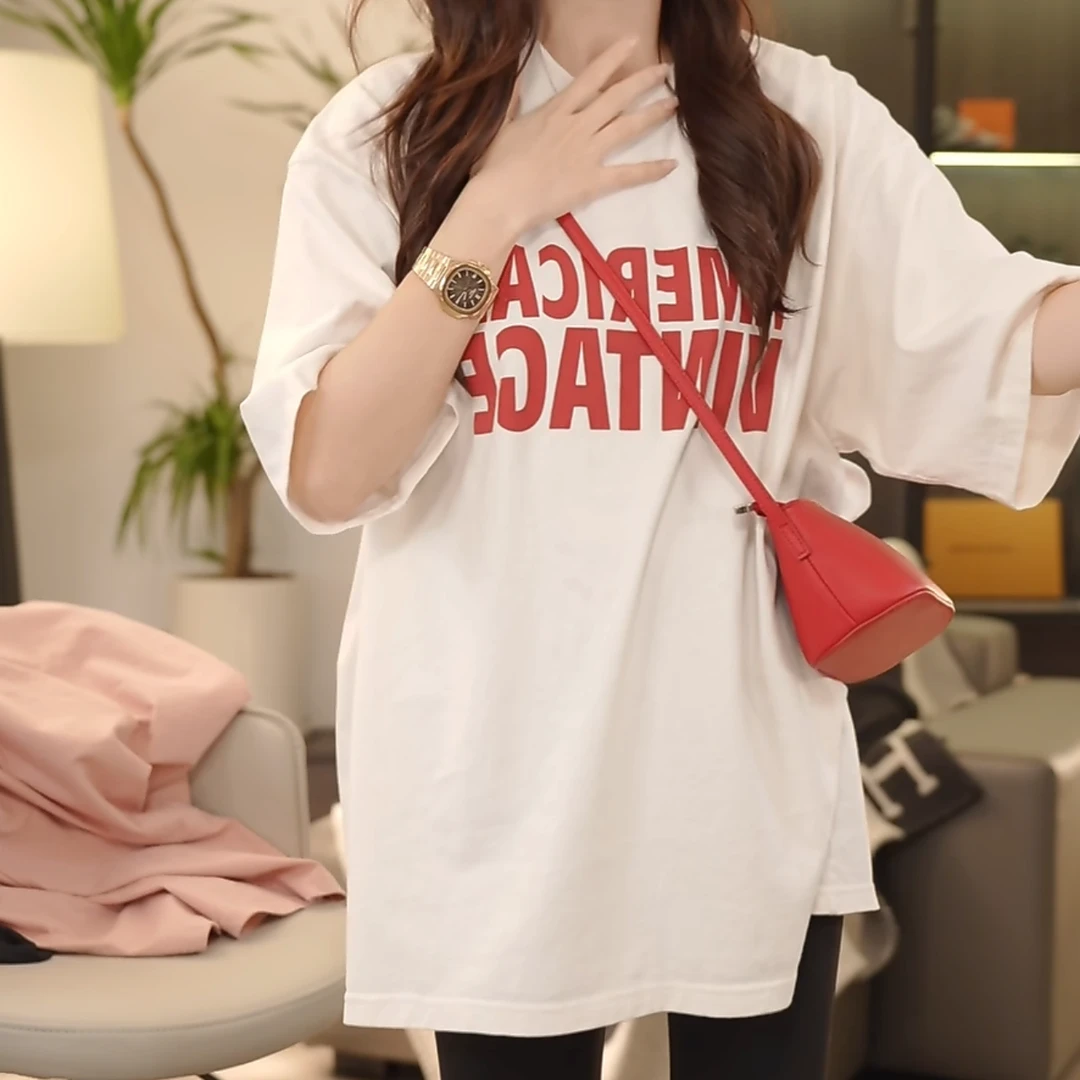 欧版水洗棉设计感字母印花短袖T恤2025夏季新款宽松休闲圆领上衣