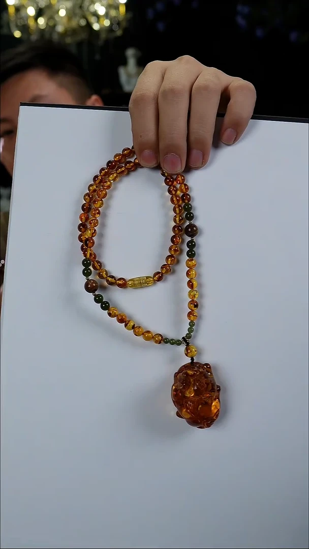 琥珀项链未镶嵌6mm俄罗斯天然满花花珀貔貅吊坠