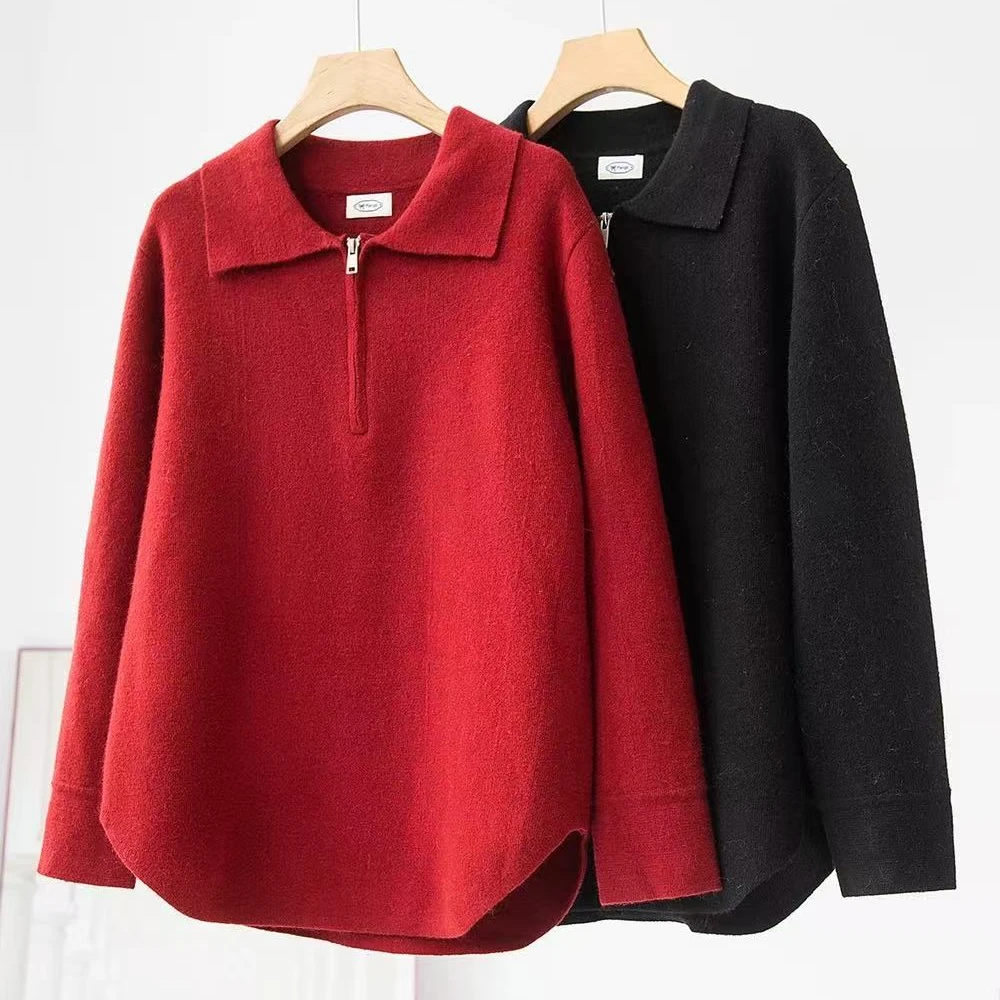 方领半拉链//气质小方领简约针织毛衣套头122022