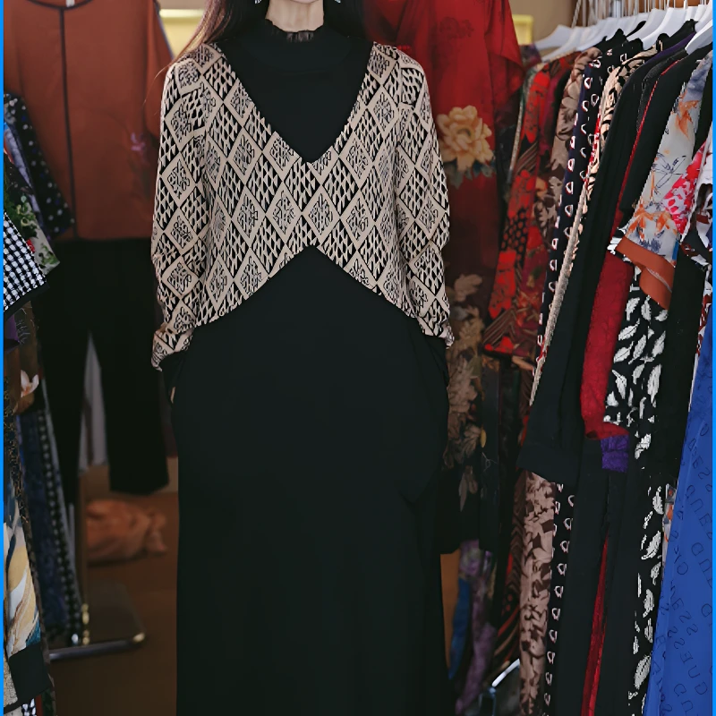 10218-加绒保暖时尚长袖气质显瘦中长款妈妈加厚裙子冬裙【C仓库】