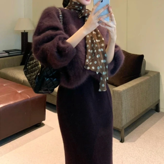 新款设计感套装女装冬季韩版长袖宽松毛衣搭配半身裙两件套26441